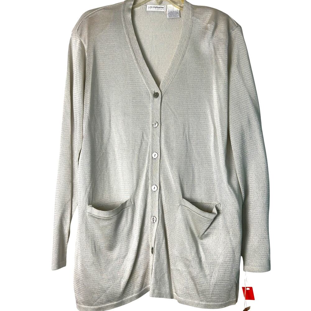 Vintage Liz Claiborne Sparkly Metallic Cardigan Sweater‎ Size L NWT Pockets